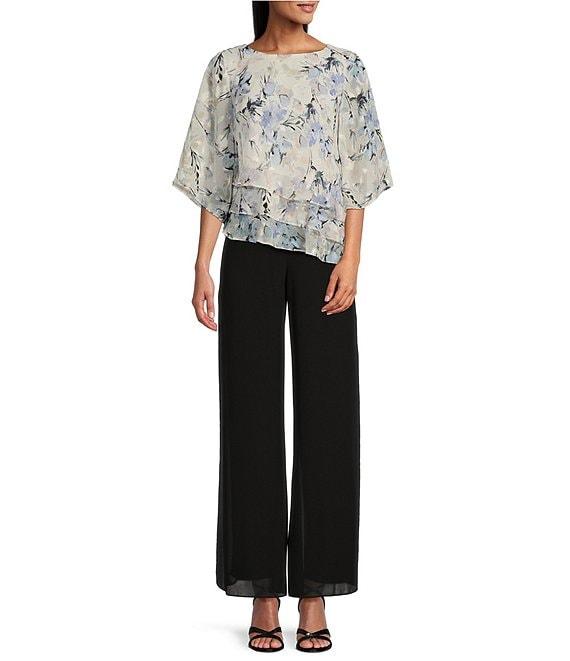 Alex Evenings 3/4 Sleeve Boat Neck Asymmetrical Triple Tier Floral Chiffon Blouse Product Image