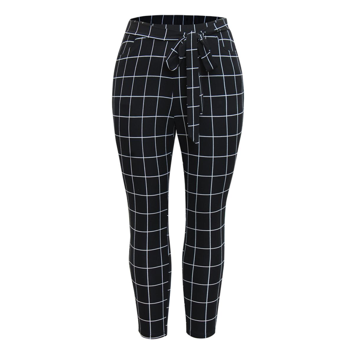 Plus Size Plaid Elastic Waist Ties Bodycon Pants Women Black Elegant Bodycon High Rise Dailywear Pants BloomChic 12/L Product Image