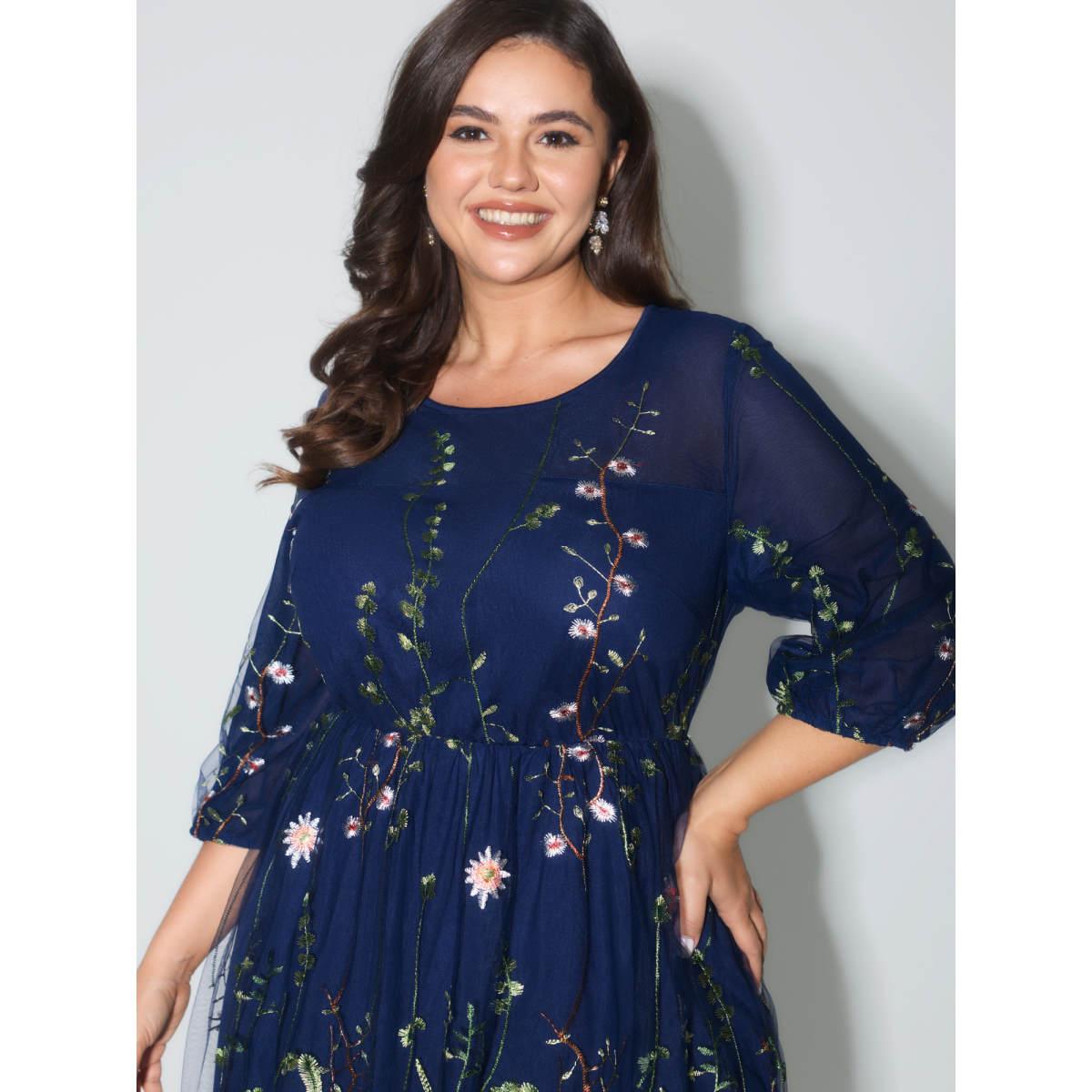 Plus Size Floral Embroidered Elastic Waist Lined Midi Dress Navy Women Formal Texture Party Curvy Bloomchic 18-20/2X Product Image