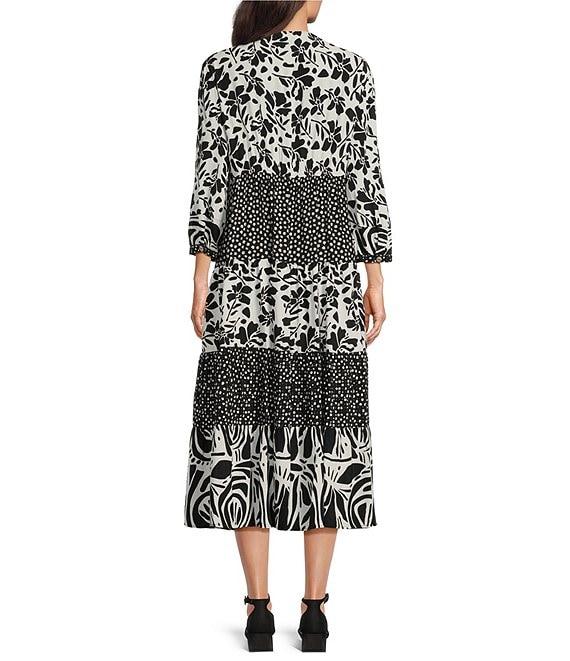 John Mark Split V-Neck 3/4 Sleeves Woven Print Midi Dress Product Image