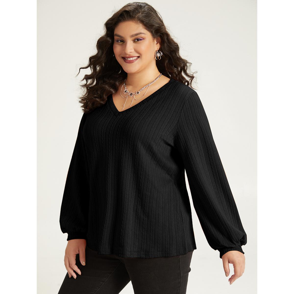 Plus Size Halloween Plain Elastic Cuffs V Neck Texture Lantern Sleeve Sweatshirt Women Black Casual Elastic cuffs V-neck Festival-Halloween Sweatshirts BloomChic 10/M Product Image