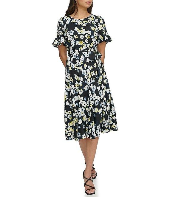 DKNY by Donna Karan Floral Crepe Satin Crew Neck Short Flutter Sleeve Tie Waist Midi Dress Product Image