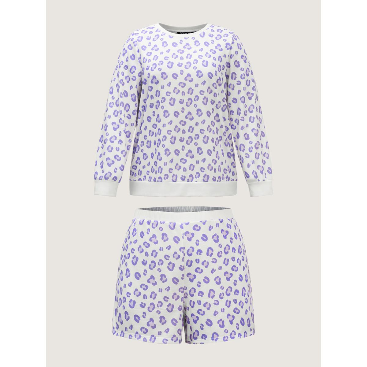 Plus Size Cozy Leopard Print Contrast Loungewear Set Women Originalwhite Contrast Long Sleeve Round Neck Playful Loungewear Sets BloomChic 28/5X Product Image