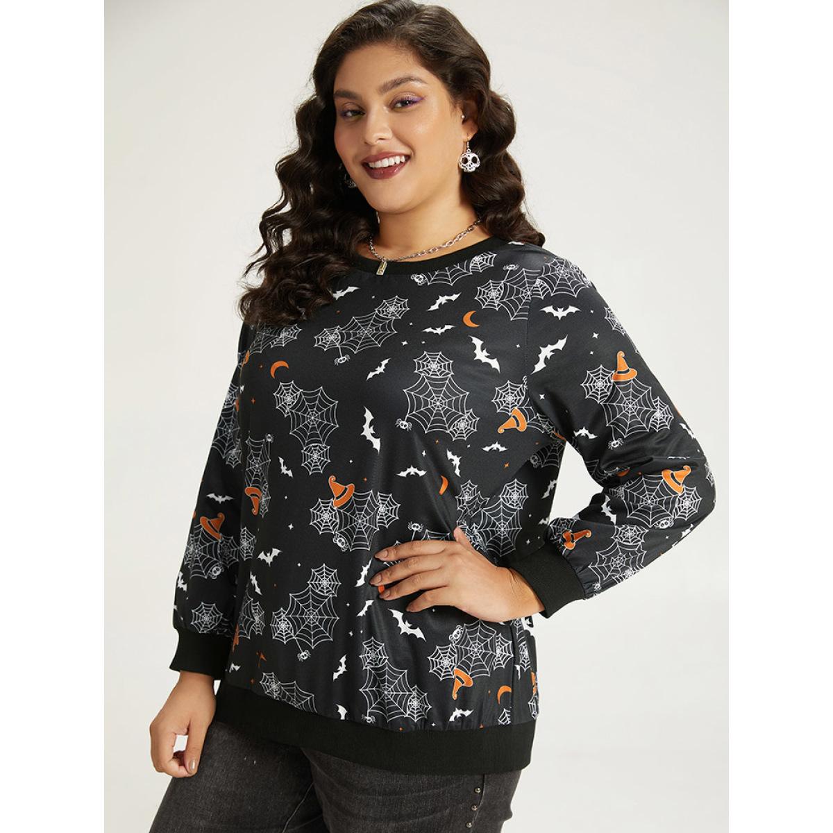 Plus Size Halloween Print Elastic Cuffs Round Neck Sweatshirt Women Purple Playful Elastic cuffs Round Neck Casual Sweatshirts BloomChic 12/L Product Image