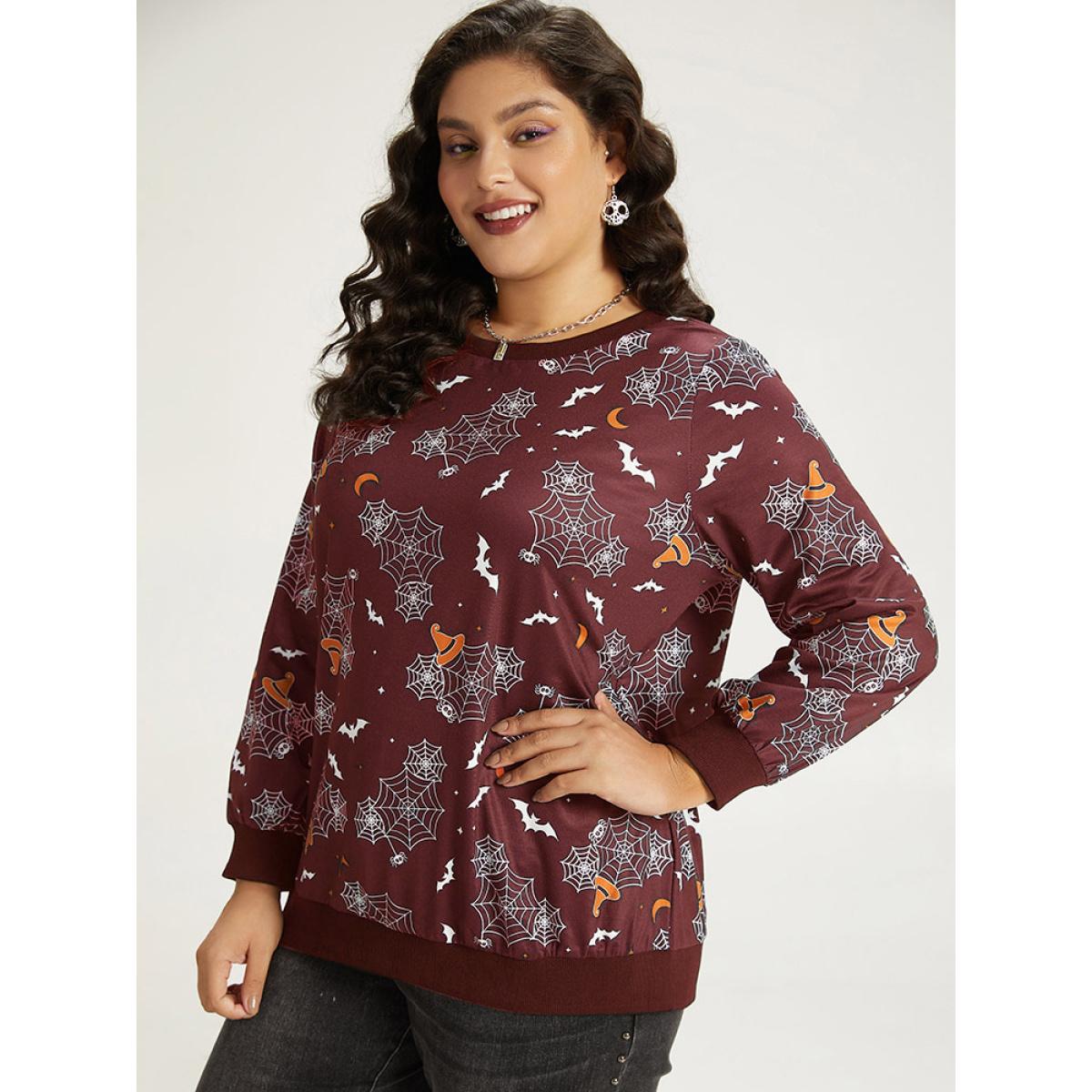 Plus Size Halloween Print Elastic Cuffs Round Neck Sweatshirt Women Purple Playful Elastic cuffs Round Neck Casual Sweatshirts BloomChic 12/L Product Image
