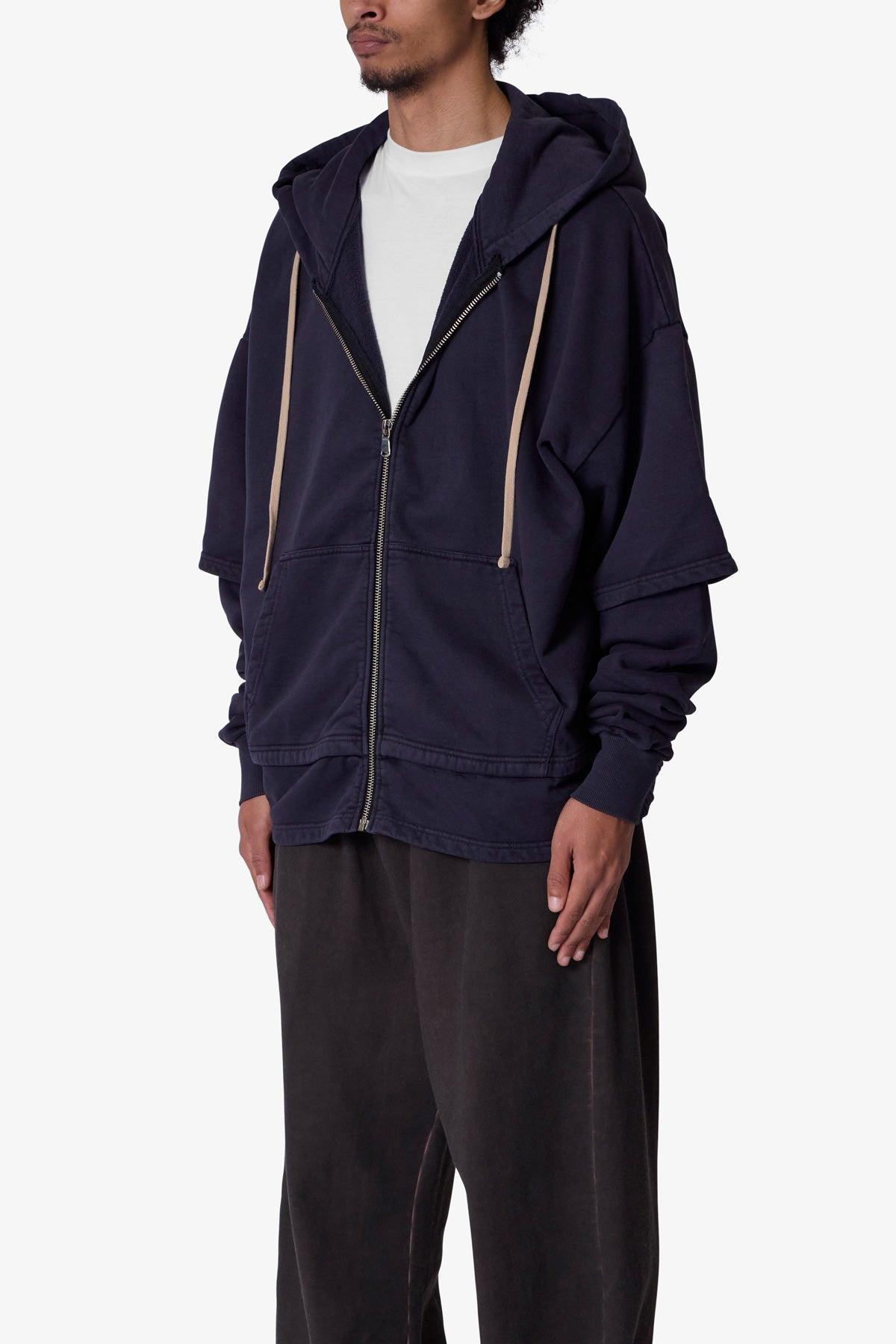 Double Layer Zipper Sweater - Washed Black Product Image