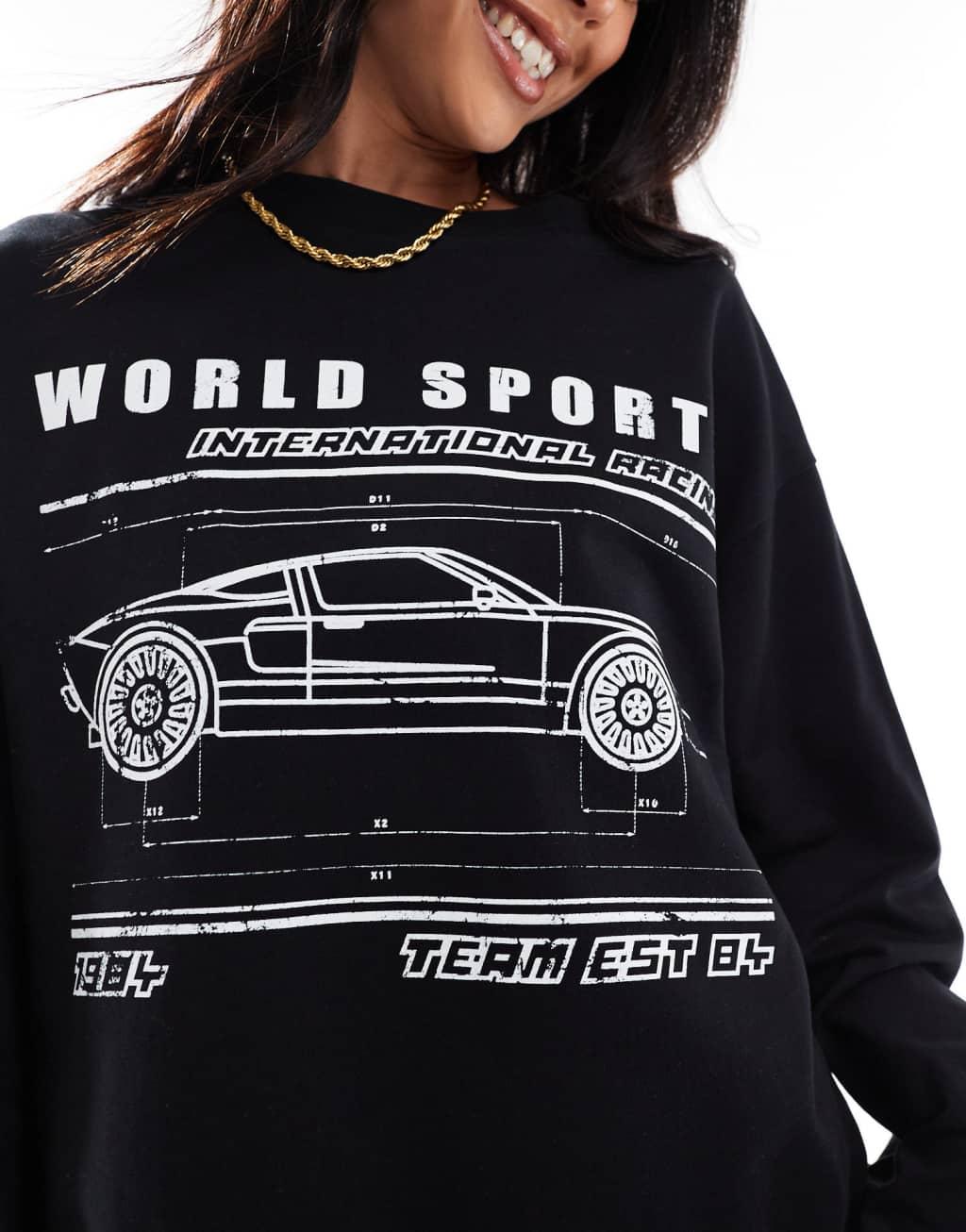 ASOS DESIGN long sleeve skate top with world sports car graphic in black Product Image