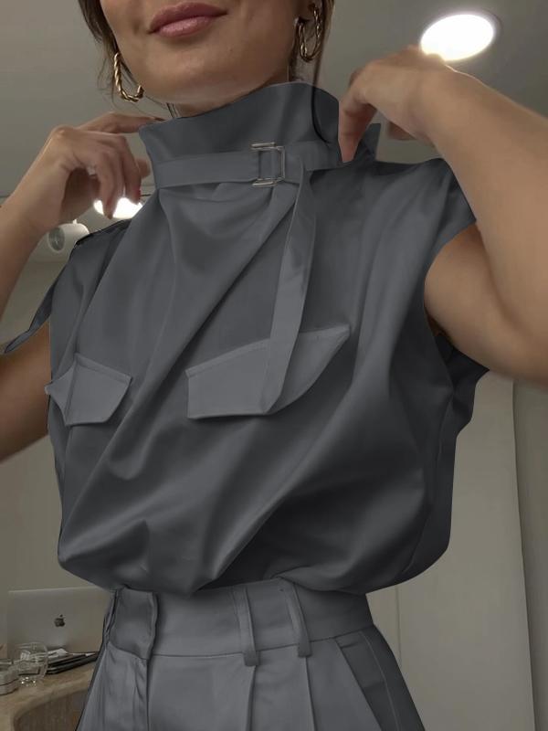 Loose Sleeveless Buckle Solid Color Stand Collar Blouses&Shirts Tops Product Image