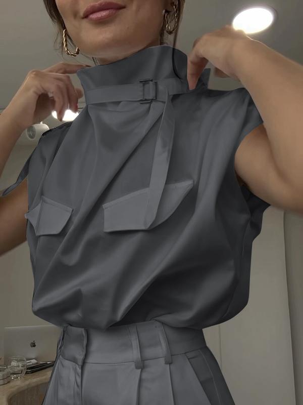 Loose Sleeveless Buckle Solid Color Stand Collar Blouses&Shirts Tops Product Image