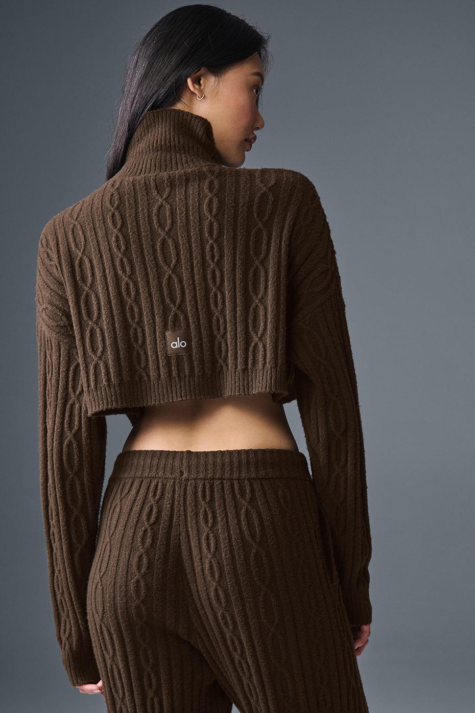 Cable Knit Cropped Winter Bliss Turtleneck Long Sleeve - Espresso Female Product Image