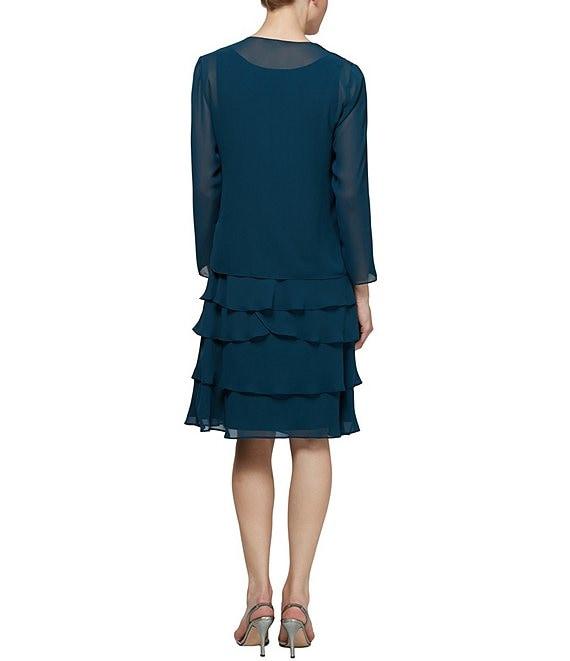 Ignite Evenings Sequin Detail Scoop Neck Long Sleeve Chiffon Tiered 2-Piece Jacket Dress Product Image