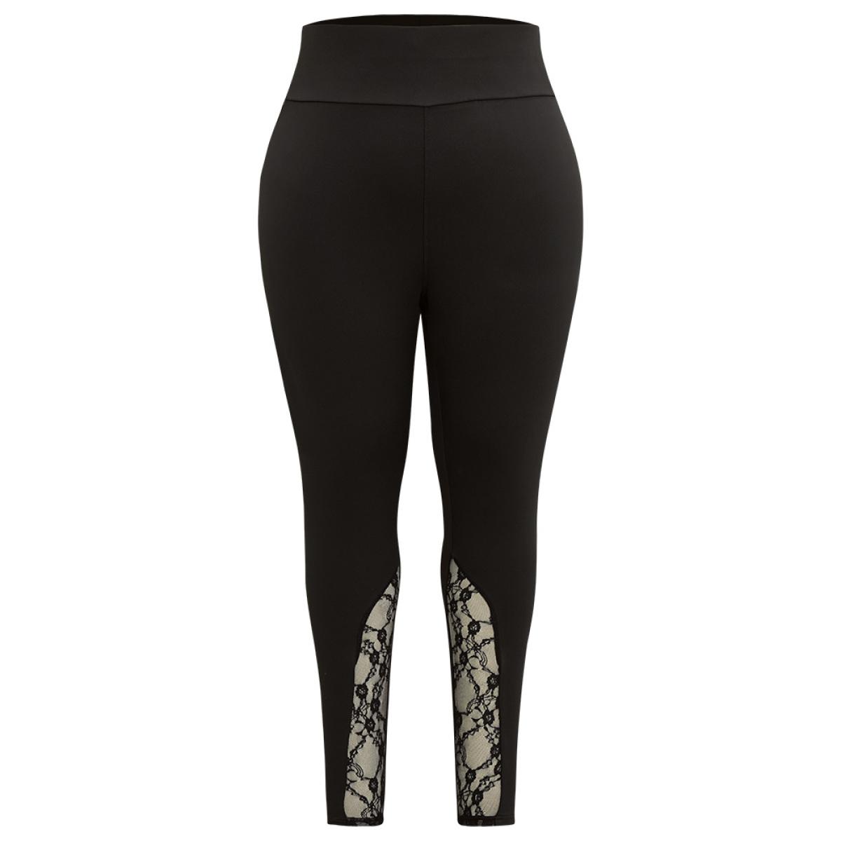 Plus Size Halloween Wideband Waist Lace Panel Leggings Women Black Casual High stretch Skinny High Rise Everyday Leggings BloomChic 10/M Product Image