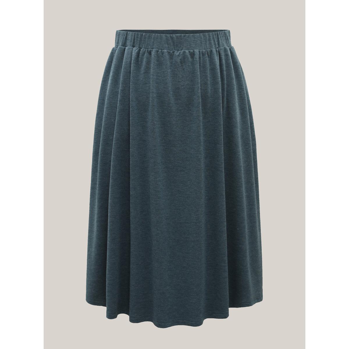 Plus Size Heather Stretchy-Waist Pleated Midi Skirt Women DarkSlateGray Elegant Gathered Medium stretch Slanted pocket Everyday Skirts BloomChic 18-20/2X Product Image