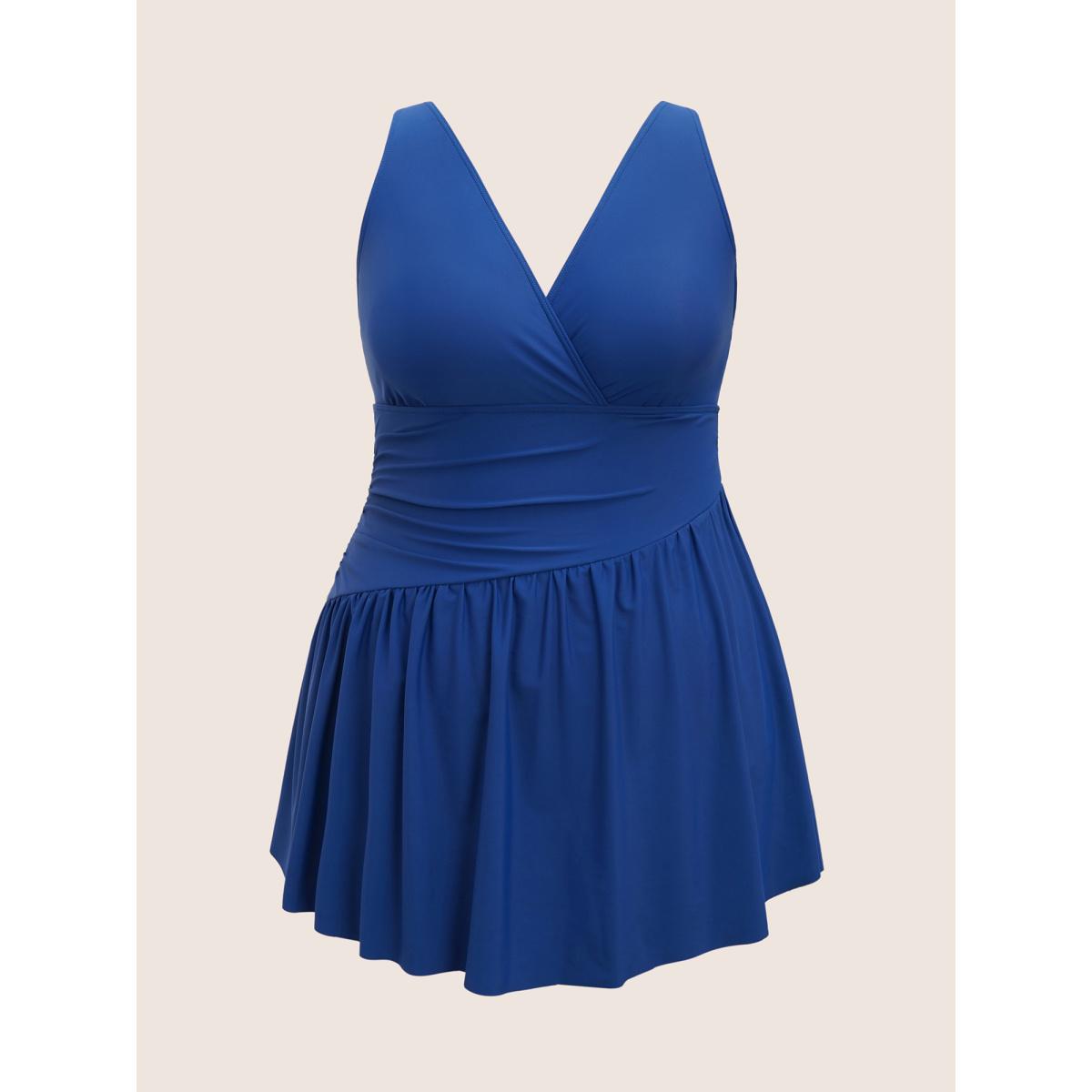 Plus Size Solid Surplice Neck Gathered Swim Dress Women's Swimwear Indigo Beach Bodycon V-neck High stretch Curve Swim Dresses BloomChic 18-20/2X Product Image