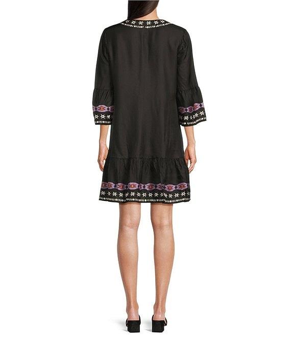 JOHNNY WAS Hailee Placement Floral Print Split V-Neck 3/4 Bell Sleeve Ruffle Hem Shift Dress Product Image