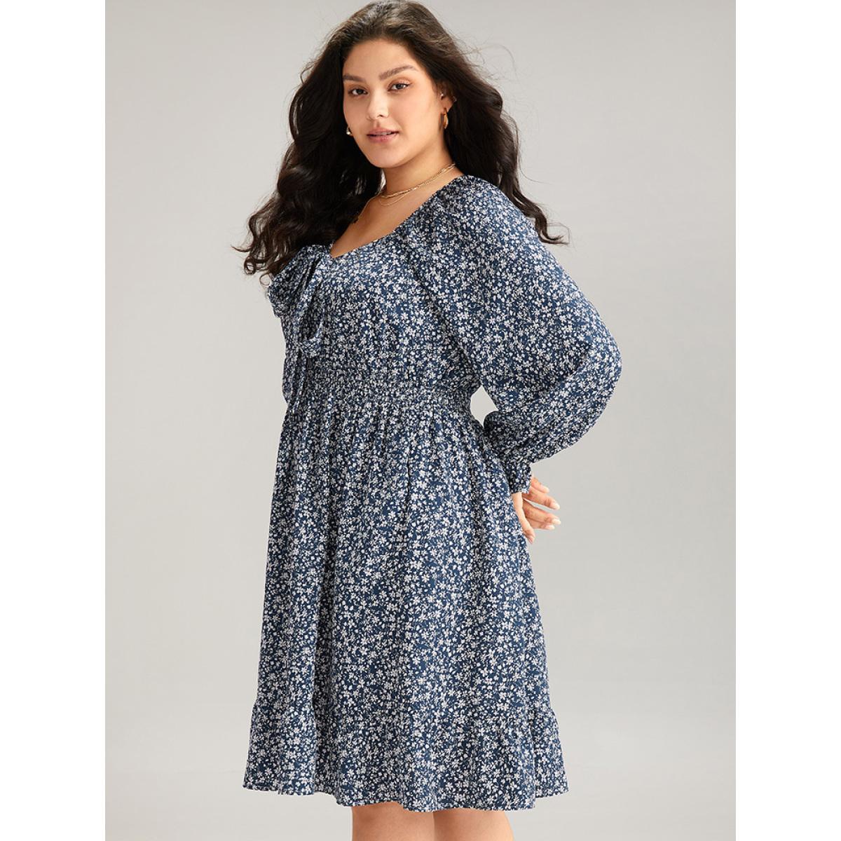 Plus Size Ditsy Floral Flutter Trim Shirred Knot Neck Dress Stone Women Elegant Cross straps Tie Neck Long Sleeve Curvy Knee Dress BloomChic 10/M Product Image