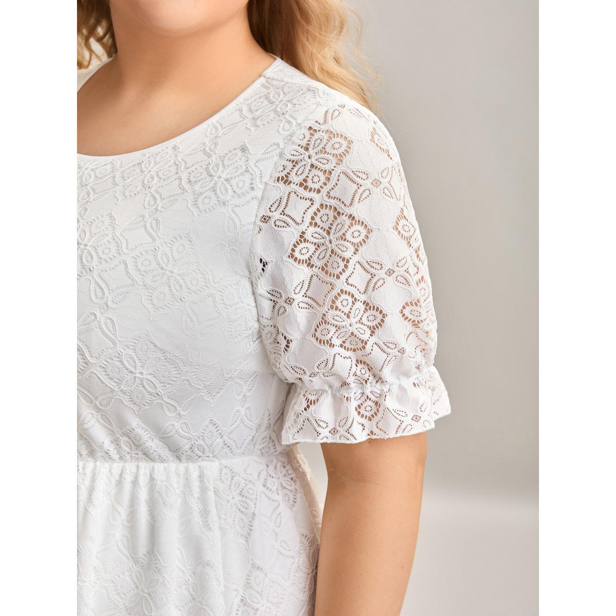 Plus Size Textured Ruffled Sleeve Pockets Midi Dress Ivory Women Elegant Texture Round Neck Short sleeve Curvy BloomChic 30/6X Product Image