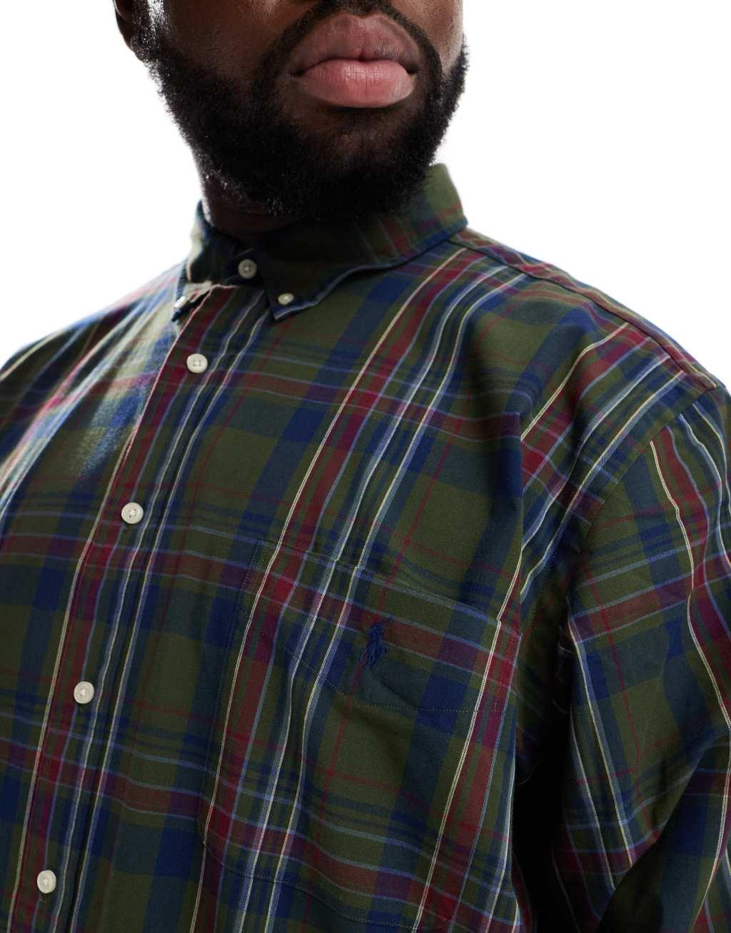 Polo Ralph Lauren Big & Tall icon logo check madras shirt in dark green Product Image