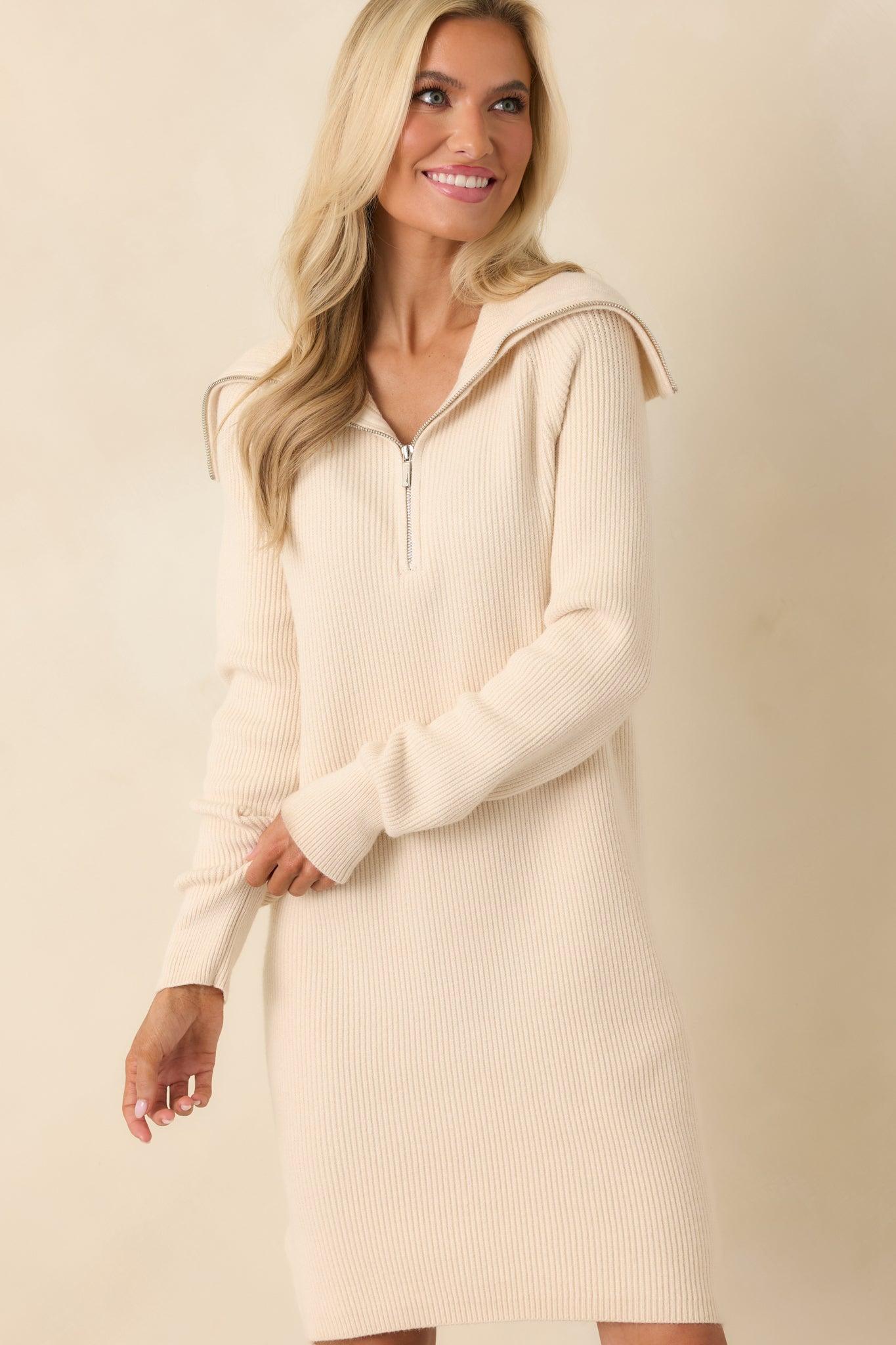 Ease Into It Beige Knit Half-Zip Funnel Collar Longline Sweater Dress Product Image