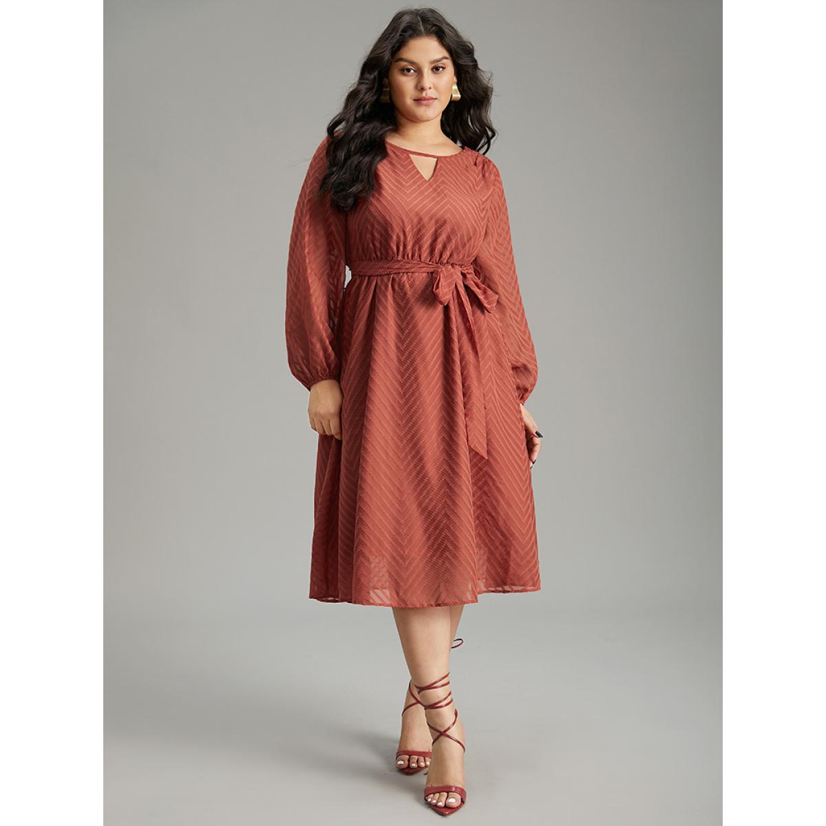 Plus Size Plain Mesh Texture Keyhole Belted Lantern Sleeve Dress Rust Women Office Elastic cuffs Keyhole Cut-Out Long Sleeve Curvy Midi Dress BloomChic 12/L Product Image