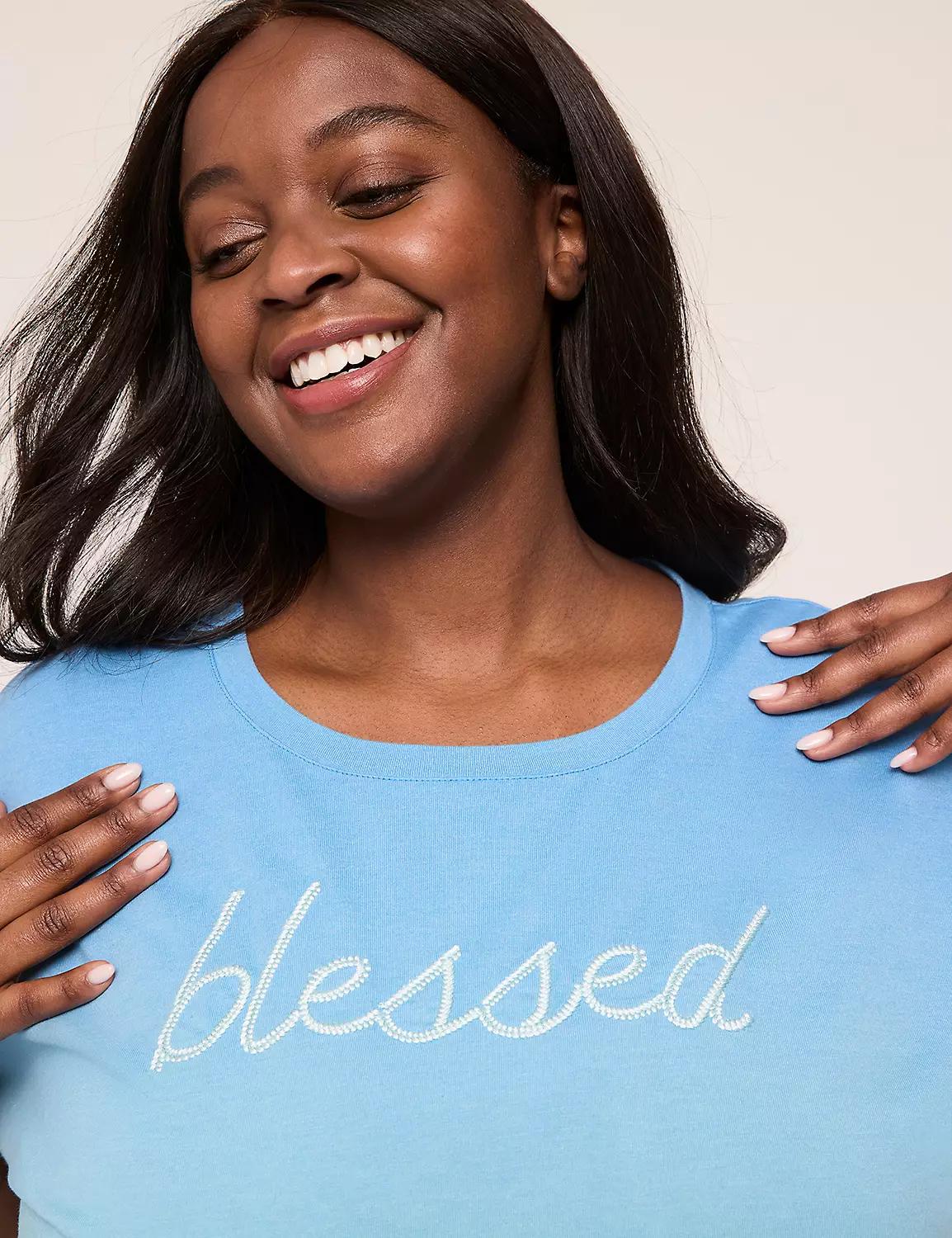 Embroidered Blessed Dolman-Sleeve Graphic Tee Product Image