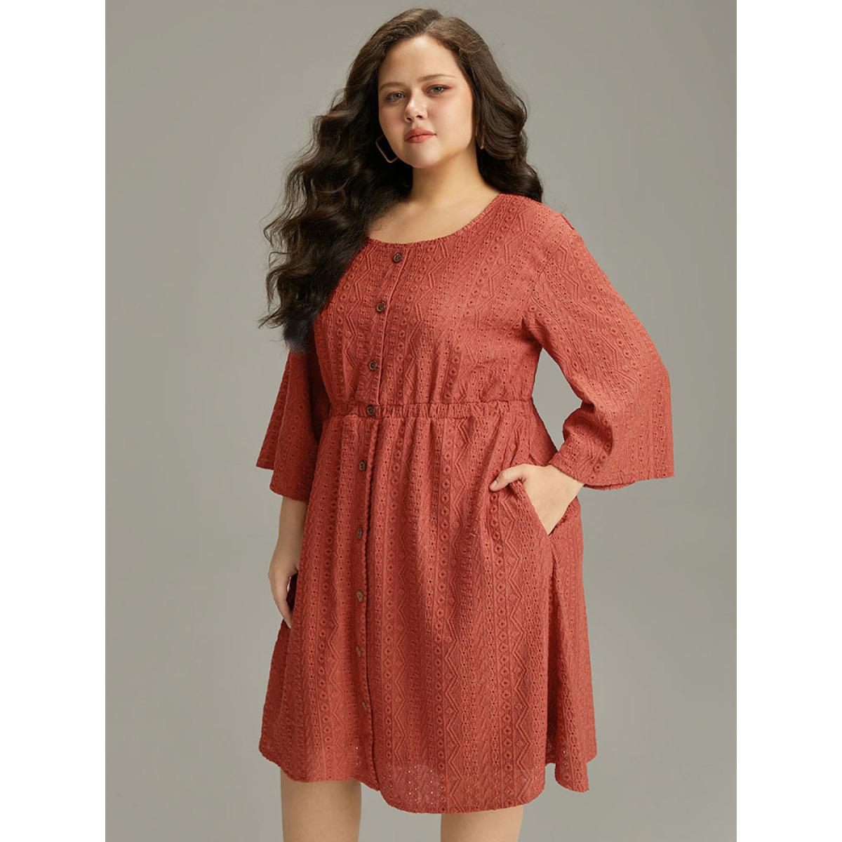 Plus Size Broderie Anglaise Button Through Pocket Dress Rust Women Casual Texture Round Neck Long Sleeve Curvy Knee Dress BloomChic 26/4X Product Image