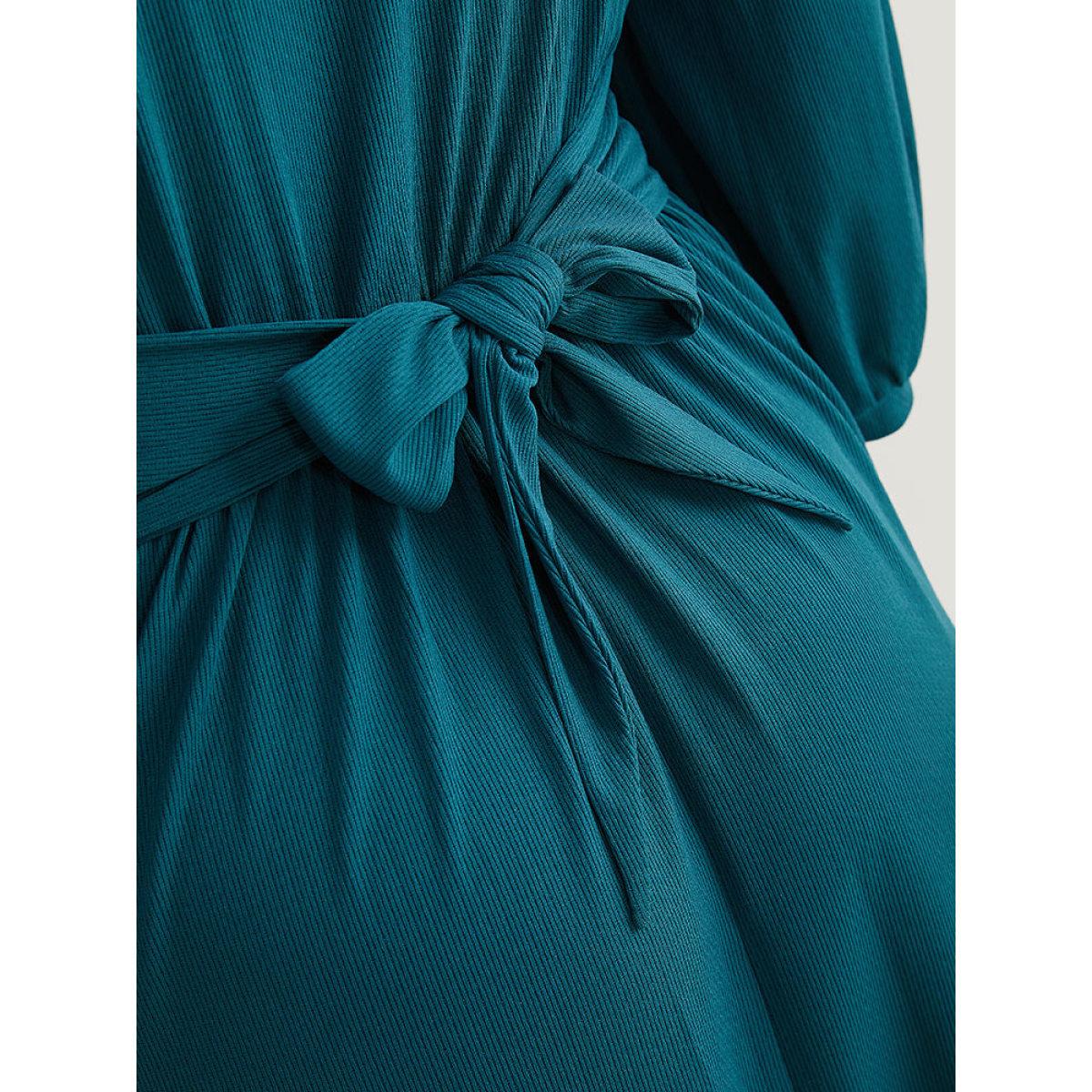 Plus Size Rib Knit Bowknot Ties Button Detail Gathered Dress Aegean Women Casual Plain V-neck Elbow-length sleeve Curvy Midi Dress BloomChic 22-24/3X Product Image