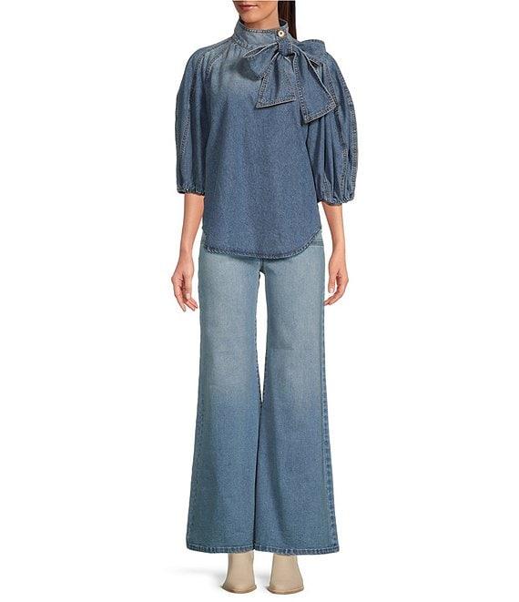 A Loves A Denim 3/4 Puffed Sleeve Pleated Shoulder Tie Neck Denim Top Product Image