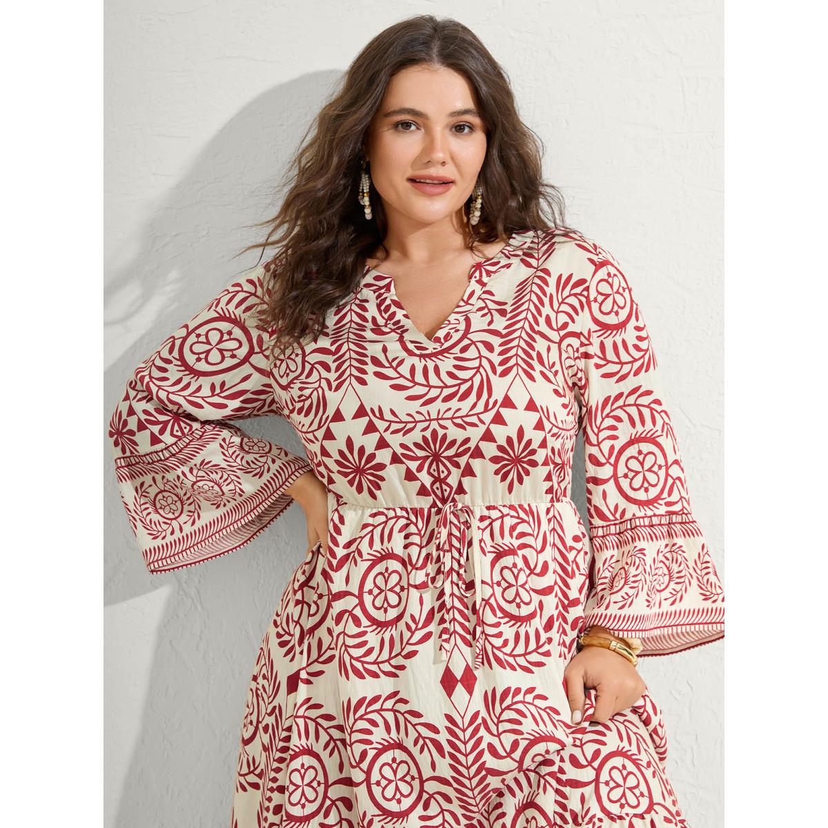 Plus Size Ornate Print Color Contrast Midi Dress Raspberry Women Tie knot Flat collar with V-notch Elbow-length sleeve Curvy BloomChic 30/6X Product Image
