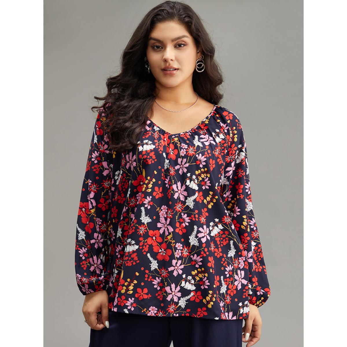 Plus Size Multicolor Floral Print Gathered Lantern Sleeve Blouse Women Elegant Long Sleeve V-neck Dailywear Blouses BloomChic 22-24/3X Product Image
