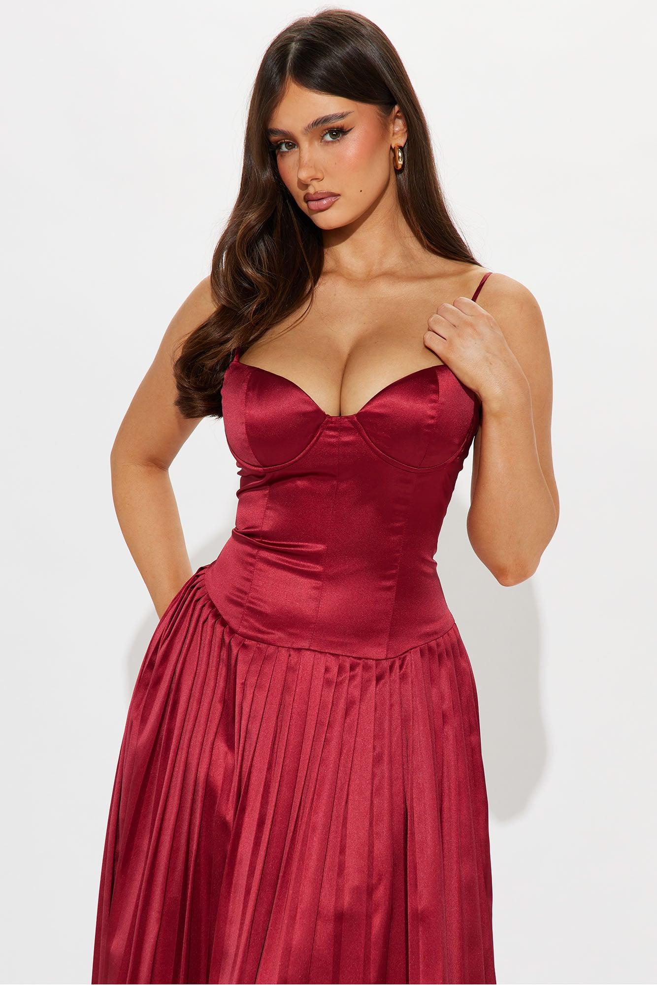 Selene Drop Waist Satin Midi Dress - Burgundy Product Image