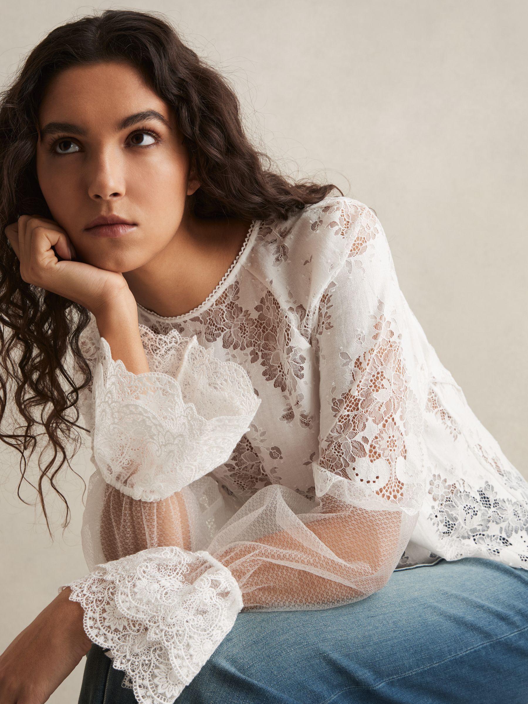 Lace Flared-Cuff Blouse in Ivory Product Image