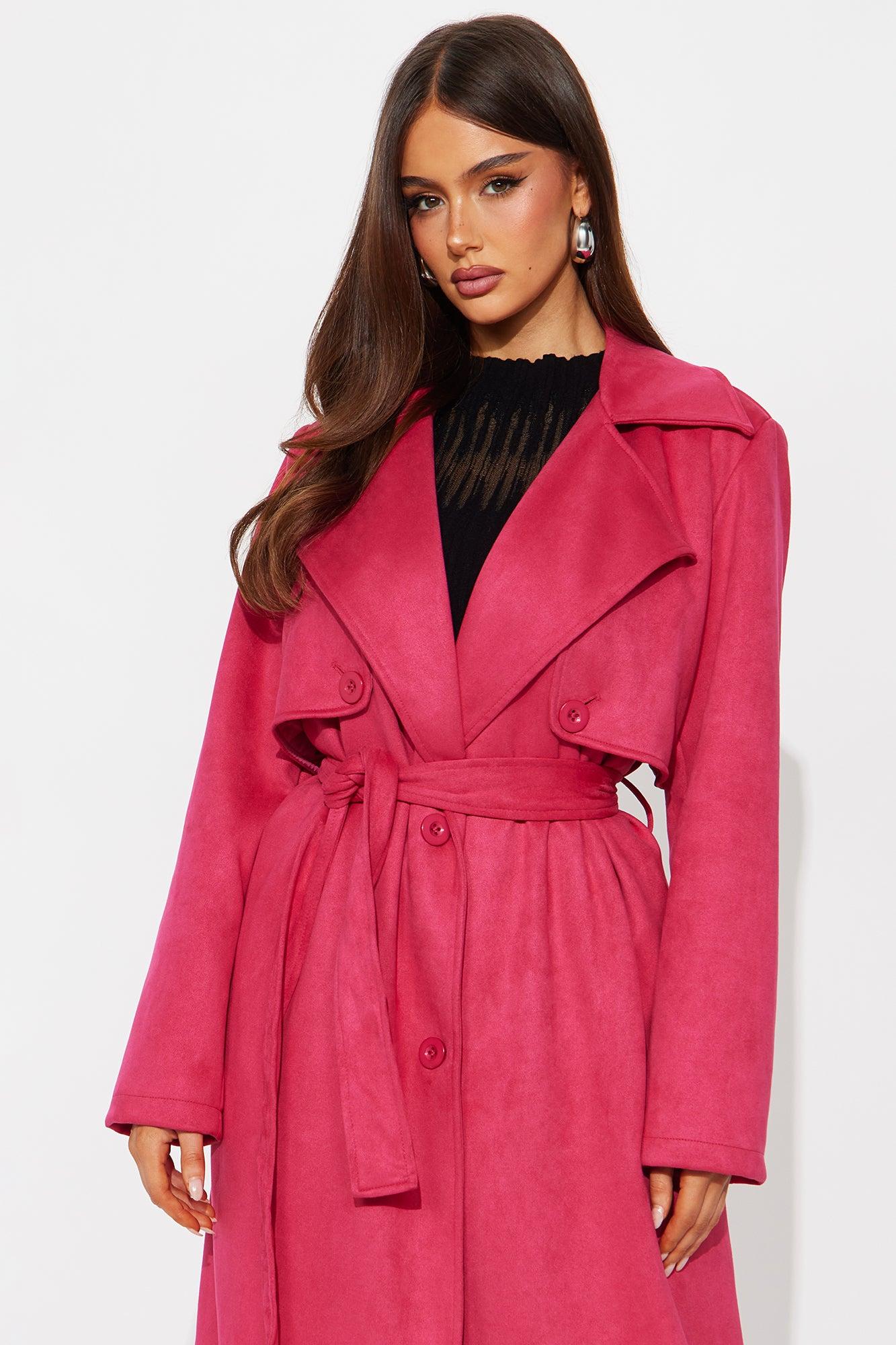Topic of Conversation Faux Suede Trench Coat - Fuchsia Female Product Image