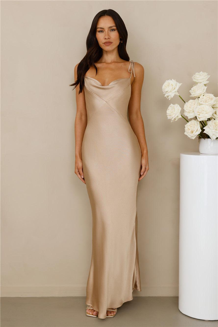 The Penelope Cowl Satin Maxi Dress Champagne Product Image