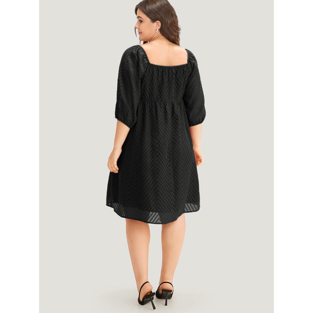 Plus Size Plisse Solid Square Neck Lantern Sleeve Dress Black Women Office Lined Square Neck Half Sleeve Curvy Midi Dress BloomChic 30/6X Product Image
