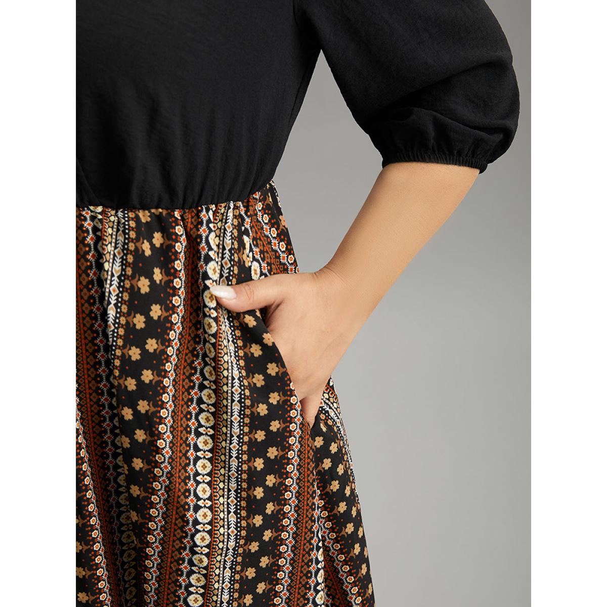 Plus Size Bandana Striped Patchwork Wrap Dress Black Women Vacation Elastic cuffs V-neck Elbow-length sleeve Curvy Midi Dress BloomChic 30/6X Product Image