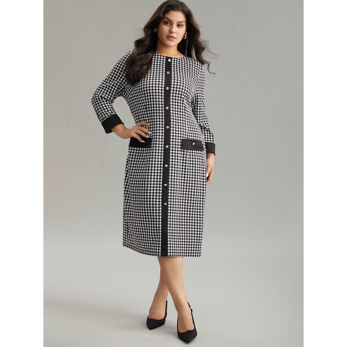 Plus Size :Houndstooth Pocket Button Detail Dress Black Women Office Contrast Round Neck Long Sleeve Curvy Midi Dress BloomChic 30/6X Product Image