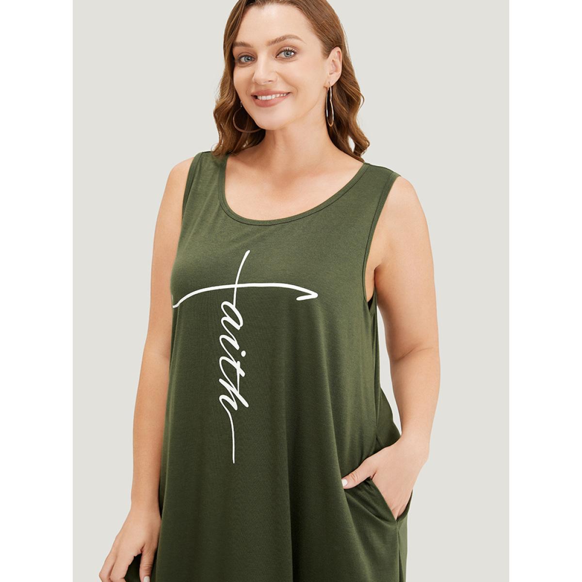 Plus Size Graphic Print Sleeveless Pocket Tank Dress ArmyGreen Women Casual Pocket Round Neck Sleeveless Curvy Knee Dress BloomChic 14-16/1X Product Image