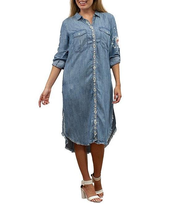 Karyn Seo Isa Floral Embroidered Spread Collar Roll-Tab Long Sleeve Button Front Midi Shirt Dress Product Image