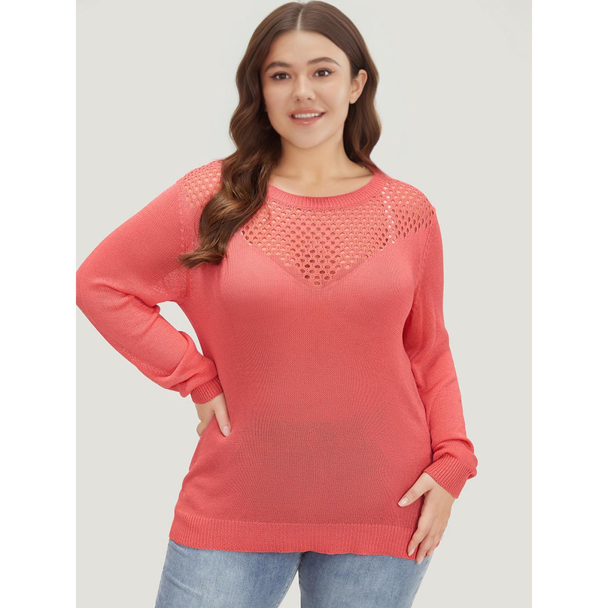 Plus Size Plain Patchwork Cut Out Round Neck Pullover Watermelon Women Casual Bodycon Long Sleeve Round Neck Everyday Pullovers BloomChic 22-24/3X Product Image
