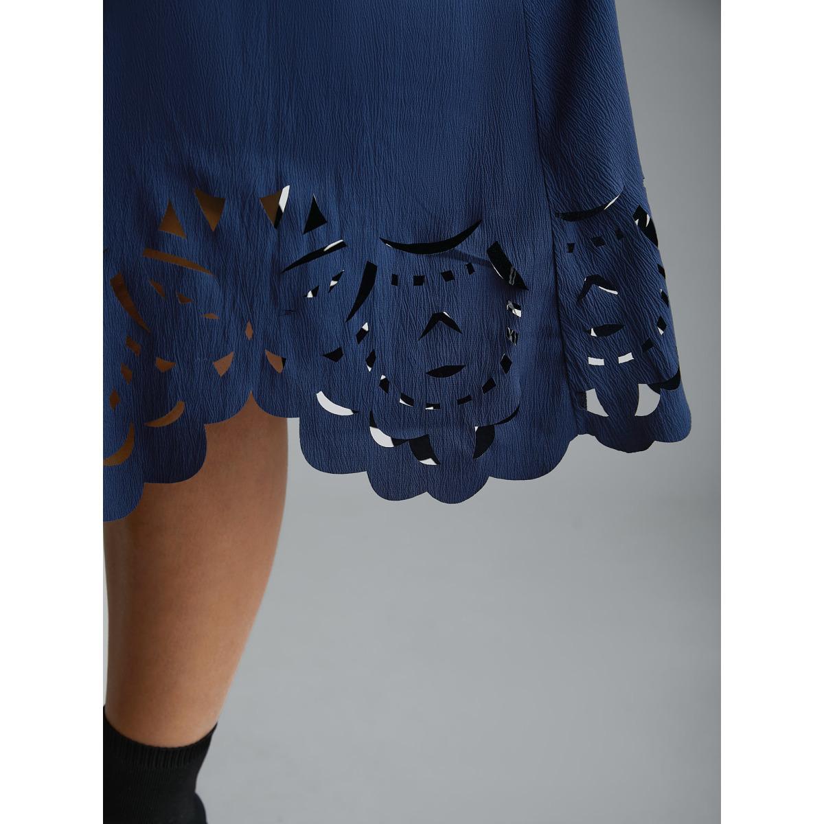 Plus Size Laser Cut Elastic Waist Pocketed Midi Dress Navy Women Elegant Texture V-neck Long Sleeve Curvy BloomChic 22-24/3X Product Image