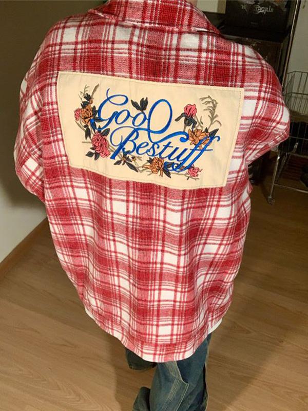 Men's Vintage Plaid Print Embroidery Long Sleeve Blouse Product Image
