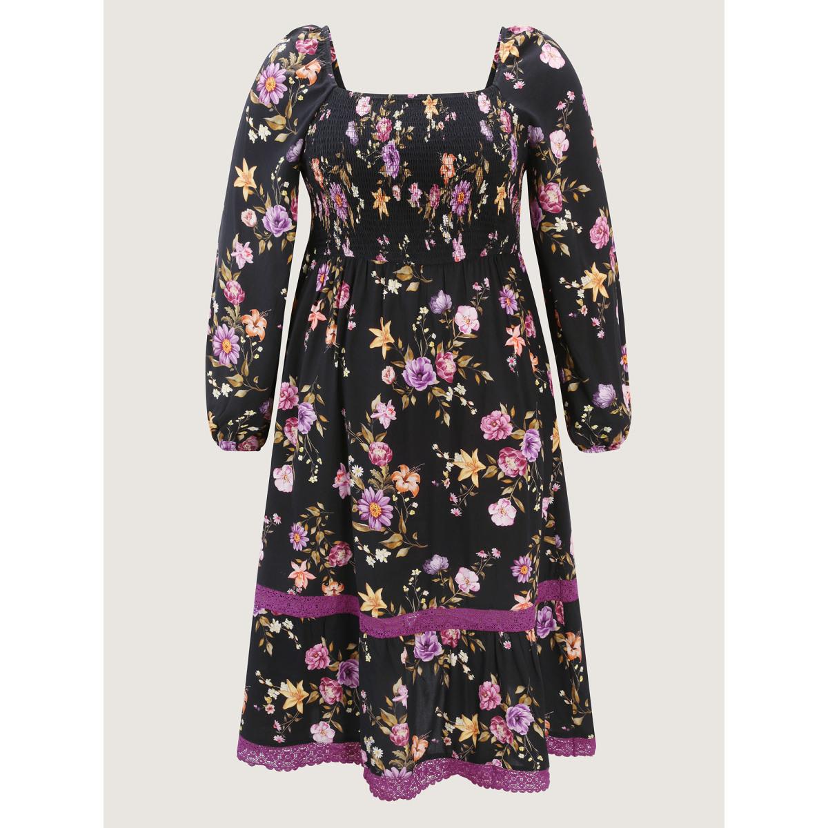 Plus Size Floral Shirred Stretchy Waist Midi Dress Black Women Romantic Gathered Square Neck Long Sleeve Curvy BloomChic 10/M Product Image