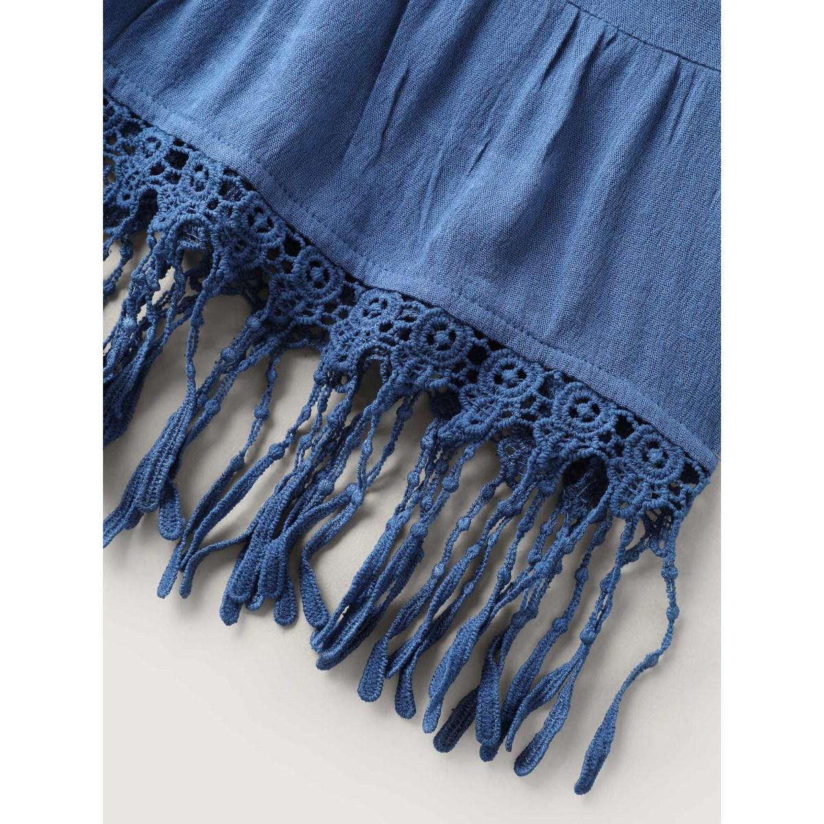 Plus Size Mediumblue Rayon Lace Trim Solid Relaxed Blouse Women Short sleeve Round Neck Everyday-Elegant Blouses BloomChic 30/6X Product Image