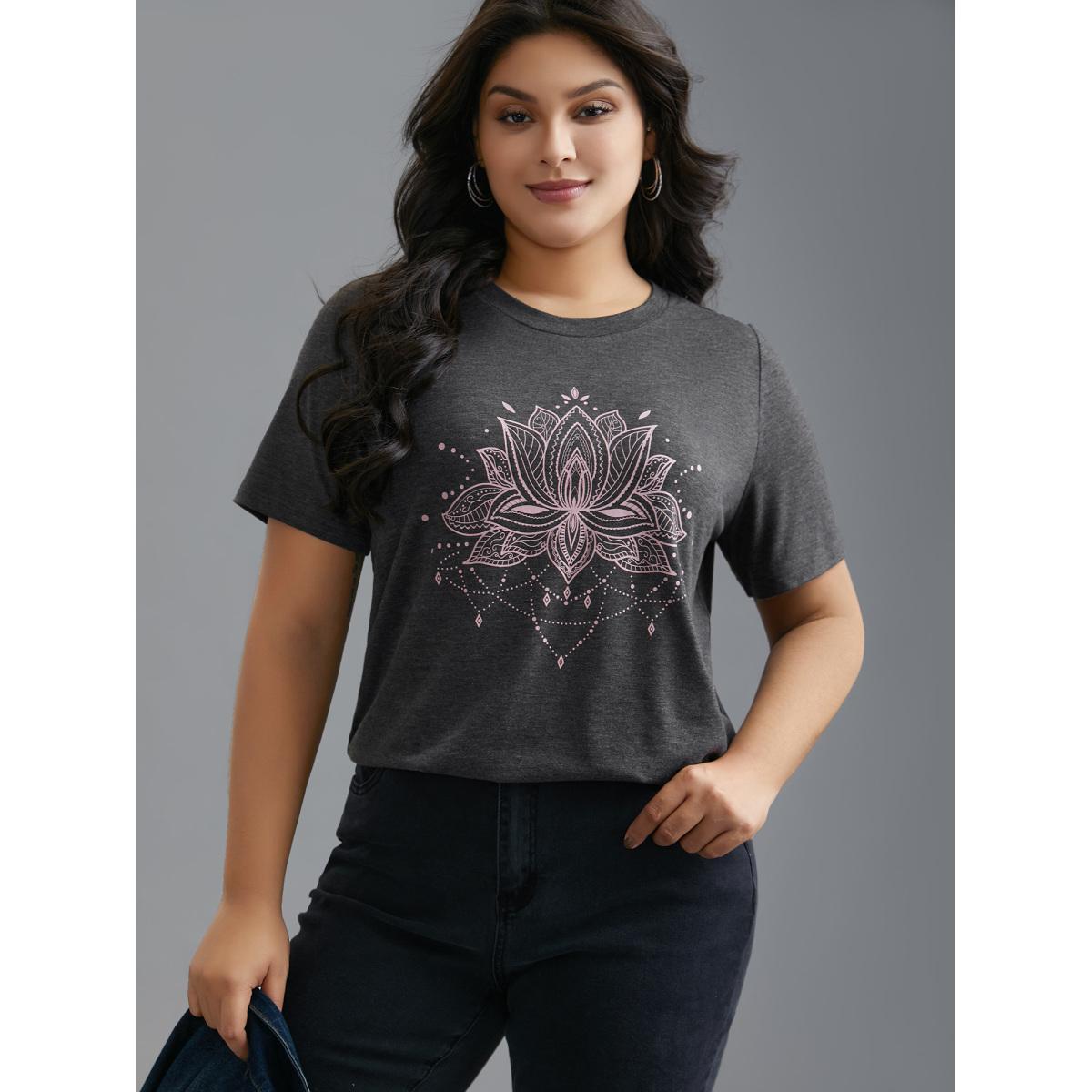 Plus Size Floral Printed Round Neck Stretchy T-shirt DimGray Women Casual Non Natural Flowers Round Neck Everyday T-shirts BloomChic 12/L Product Image