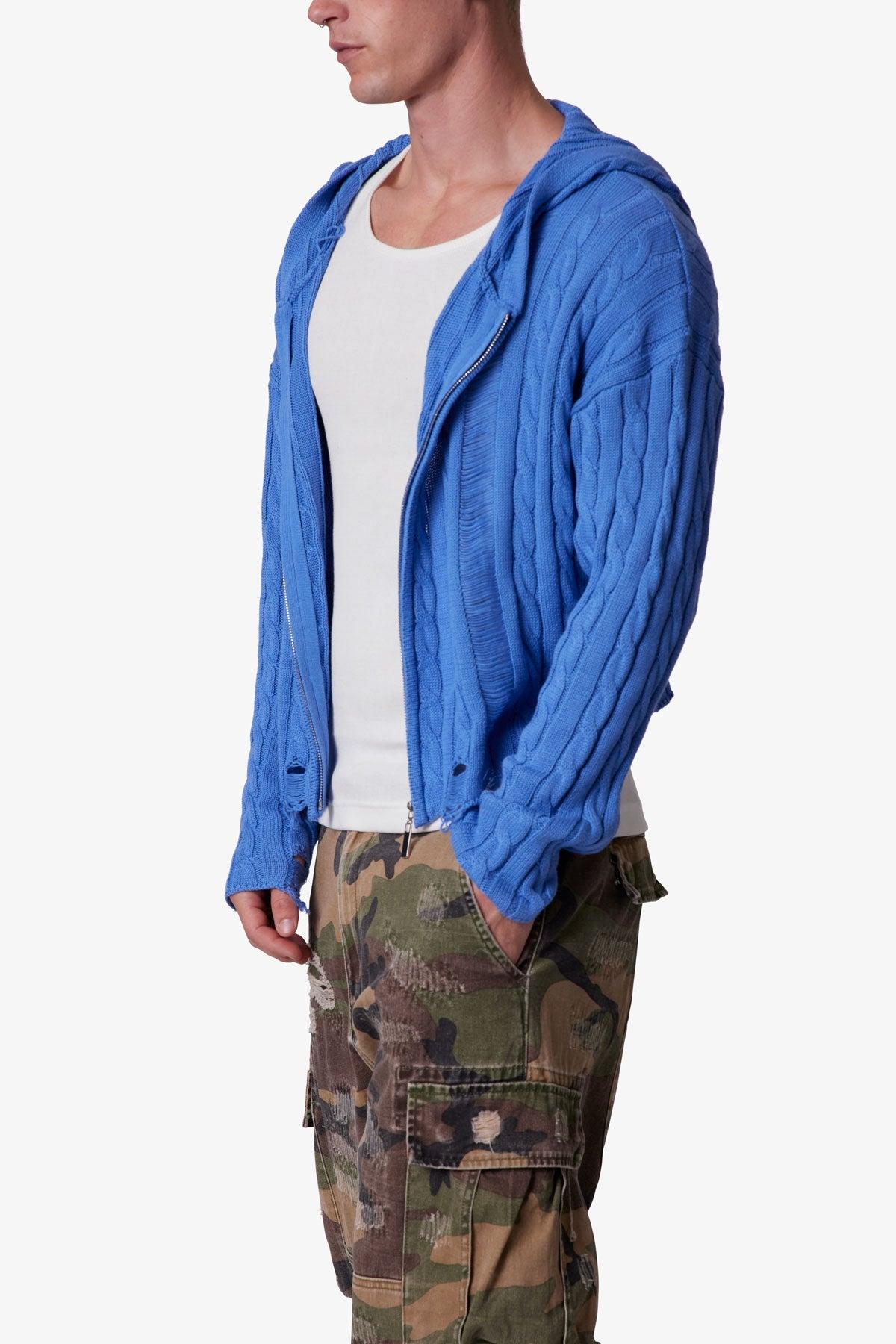 Cable Knit Hooded Sweater - Washed Blue Product Image