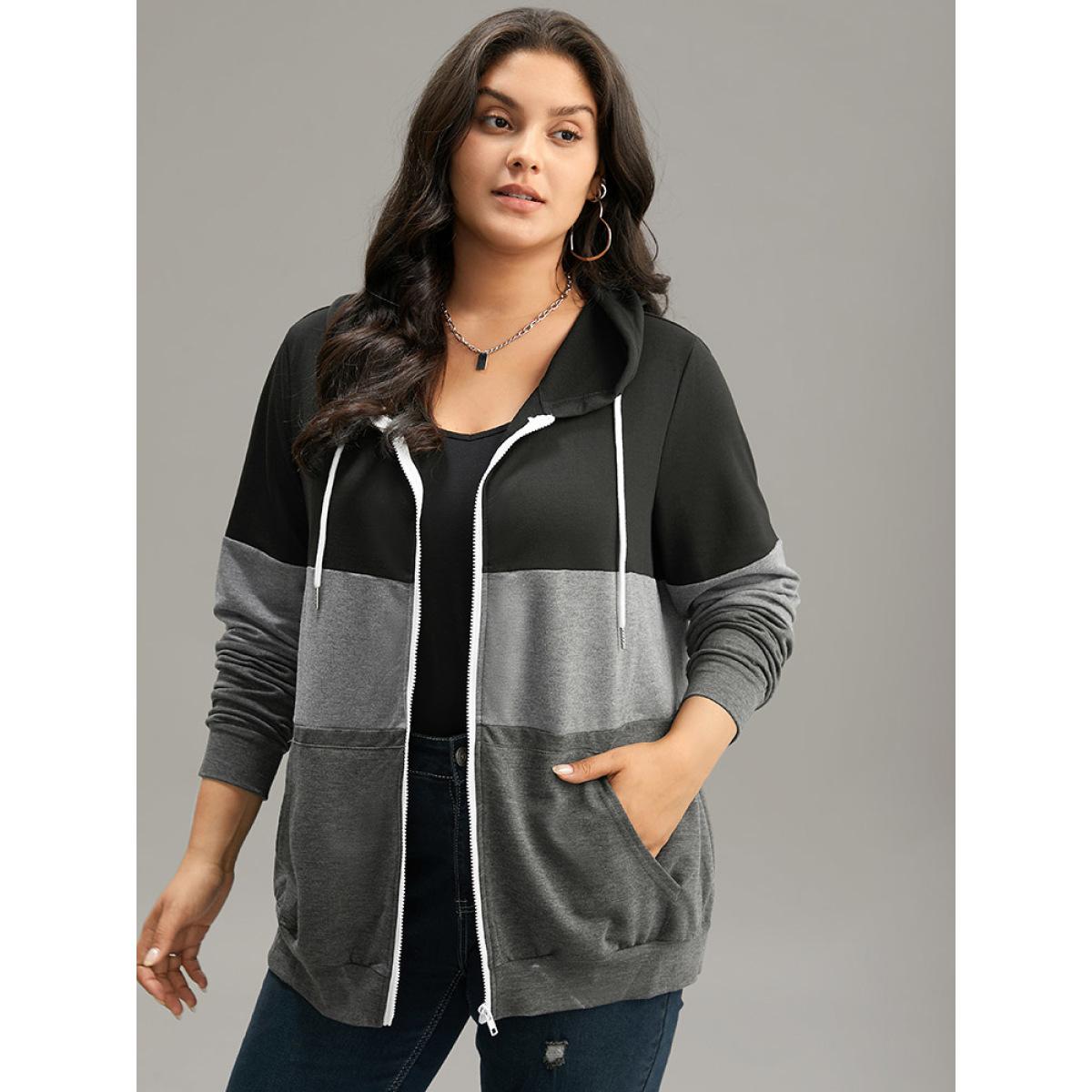 Plus Size Colorblock Contrast Drawstring Zipper Hooded Sweatshirt Women Multicolor Casual Contrast Hooded Everyday Sweatshirts BloomChic 10/M Product Image