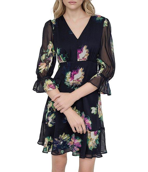 DKNY by Donna Karan 3/4 Sleeve Floral Print Fit and Flare Dress Product Image