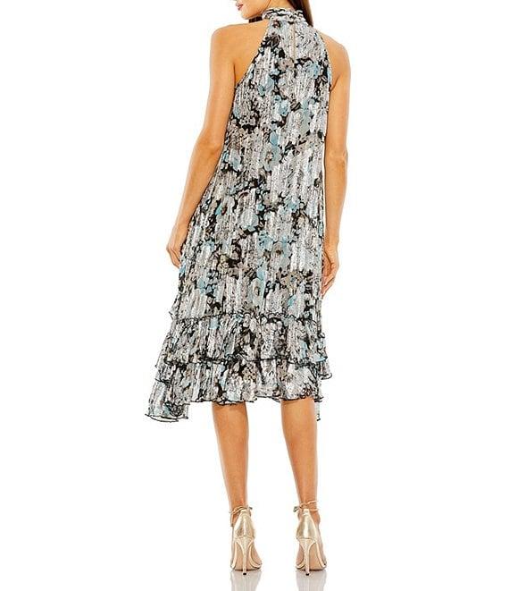 Mac Duggal Chiffon Floral Metallic Print Halter Neck Sleeveless Hi Low Ruffle Hem Shift Mini Dress Product Image