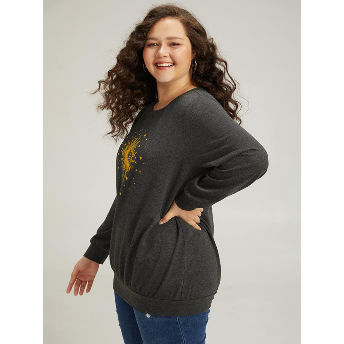 Plus Size Moon and Star Print Crew Neck Elastic Cuffs Sweatshirt Women Gray Casual Elastic cuffs Dailywear Sweatshirts BloomChic 26/4X Product Image